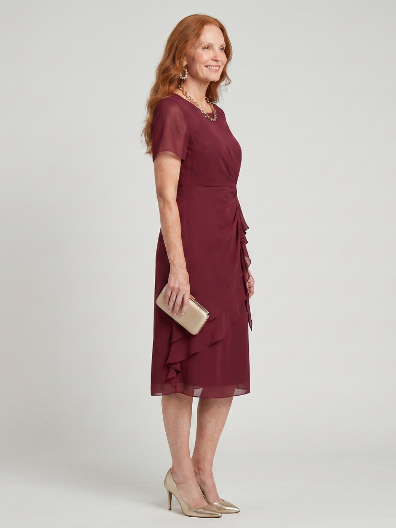 Short Sleeve Midi Dress with Ruffle Front