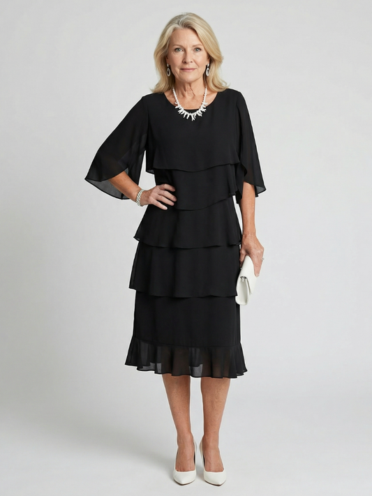 Tiered Chiffon Midi Dress with Elbow Sleeves