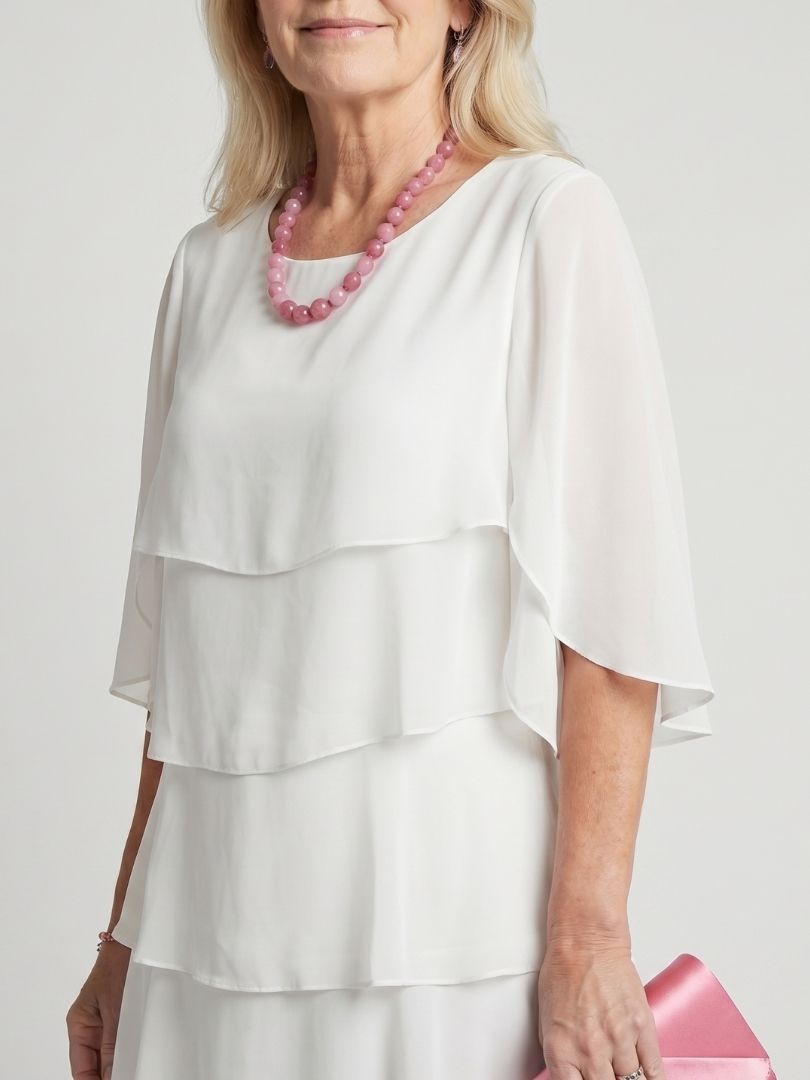 Tiered Chiffon Midi Dress with Elbow Sleeves