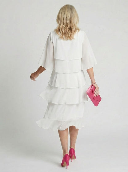 Tiered Chiffon Midi Dress with Elbow Sleeves