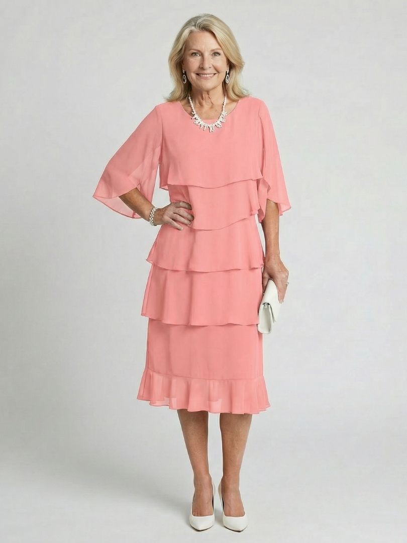 Tiered Chiffon Midi Dress with Elbow Sleeves