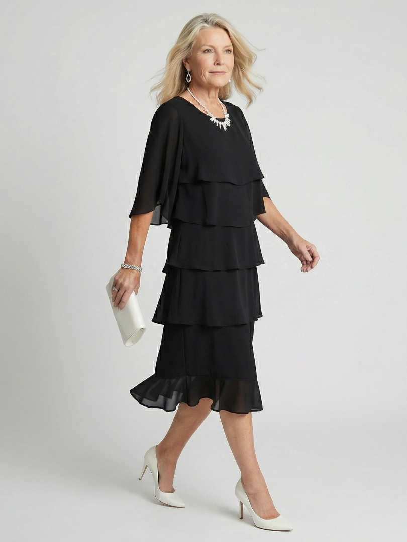 Tiered Chiffon Midi Dress with Elbow Sleeves
