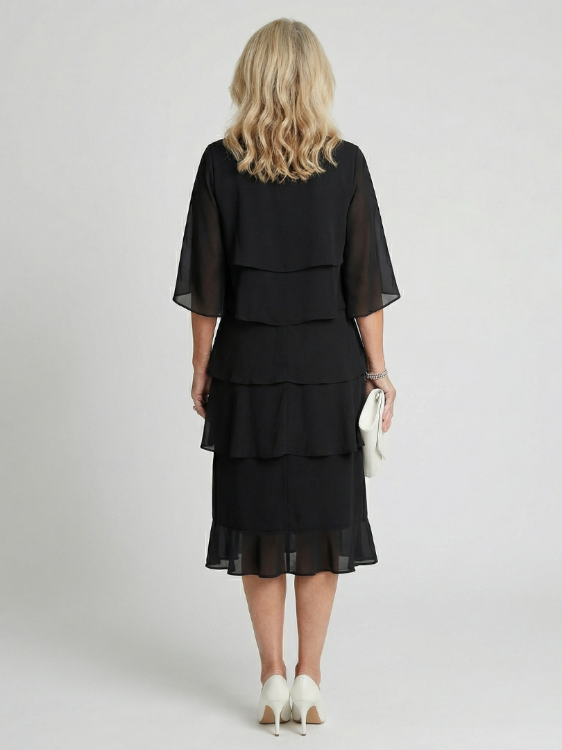 Tiered Chiffon Midi Dress with Elbow Sleeves