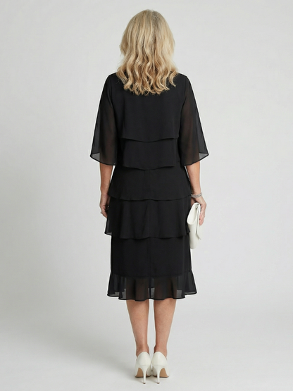 Tiered Chiffon Midi Dress with Elbow Sleeves