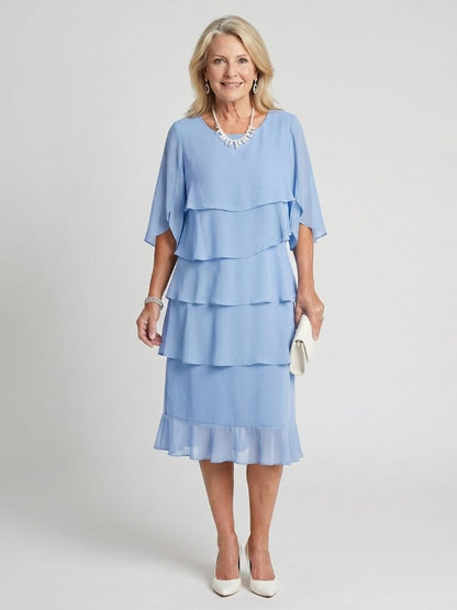 Tiered Chiffon Midi Dress with Elbow Sleeves