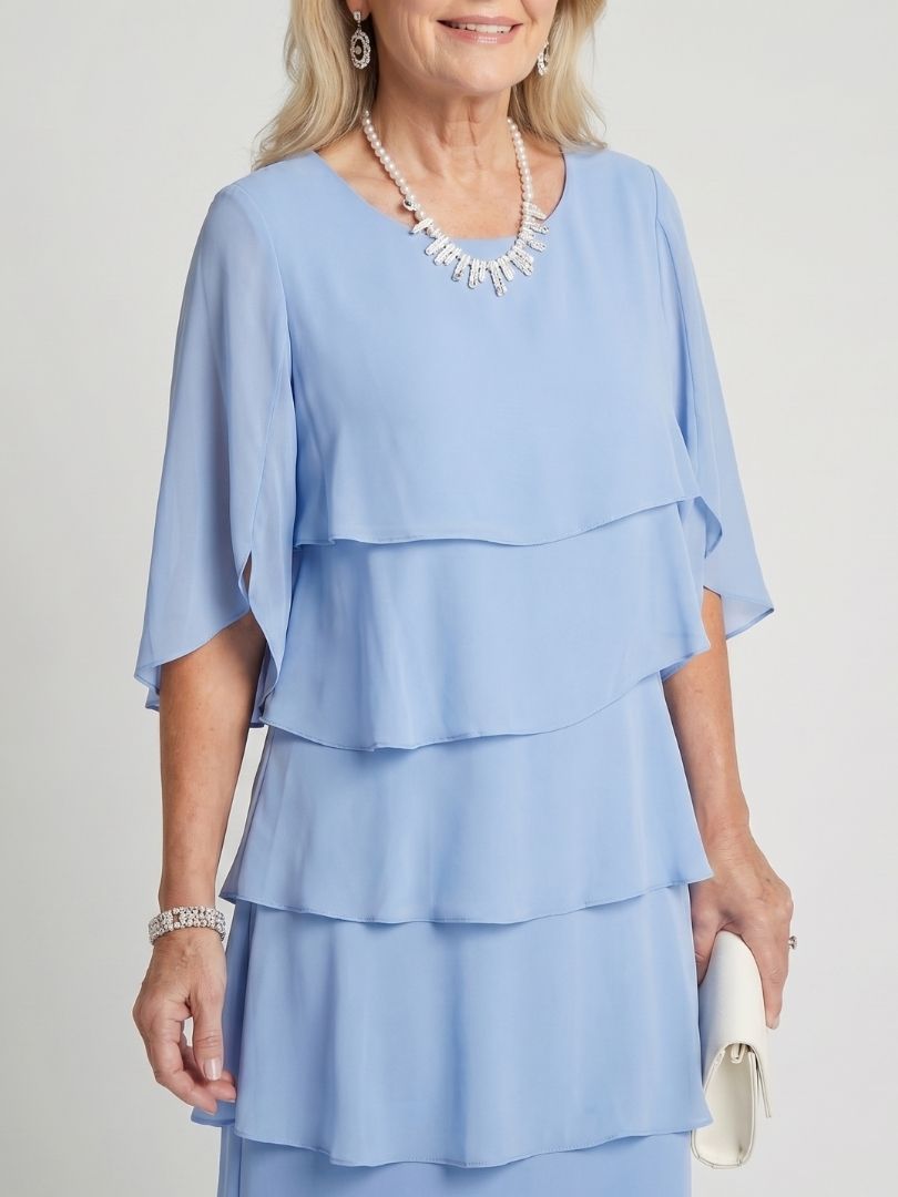 Tiered Chiffon Midi Dress with Elbow Sleeves