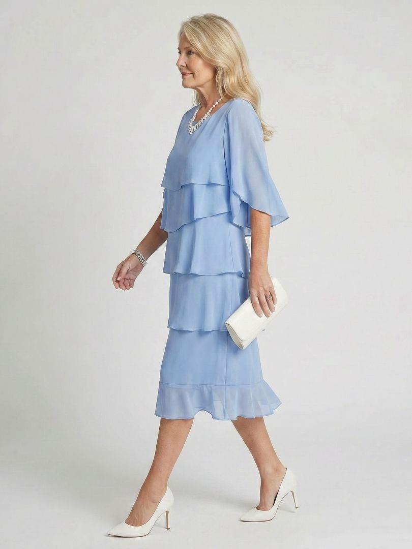Tiered Chiffon Midi Dress with Elbow Sleeves