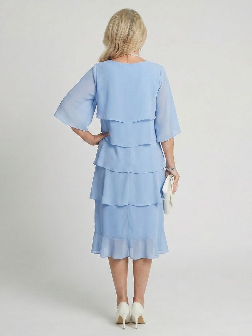 Tiered Chiffon Midi Dress with Elbow Sleeves