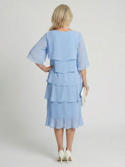 Tiered Chiffon Midi Dress with Elbow Sleeves