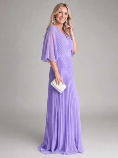 V Neck Maxi Dress with Pleated Skirt and Flutter Sleeves