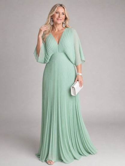 V Neck Maxi Dress with Pleated Skirt and Flutter Sleeves