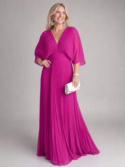 V Neck Maxi Dress with Pleated Skirt and Flutter Sleeves