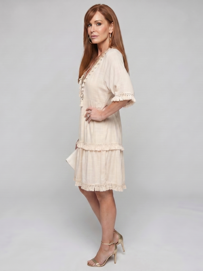 V Neck Mini Dress with Embroidered Trim and Tiered Hem