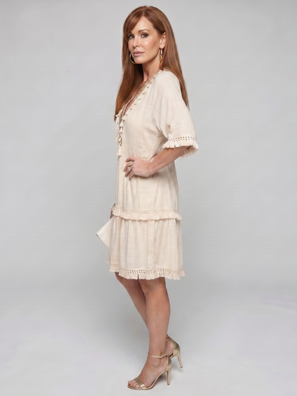 V Neck Mini Dress with Embroidered Trim and Tiered Hem