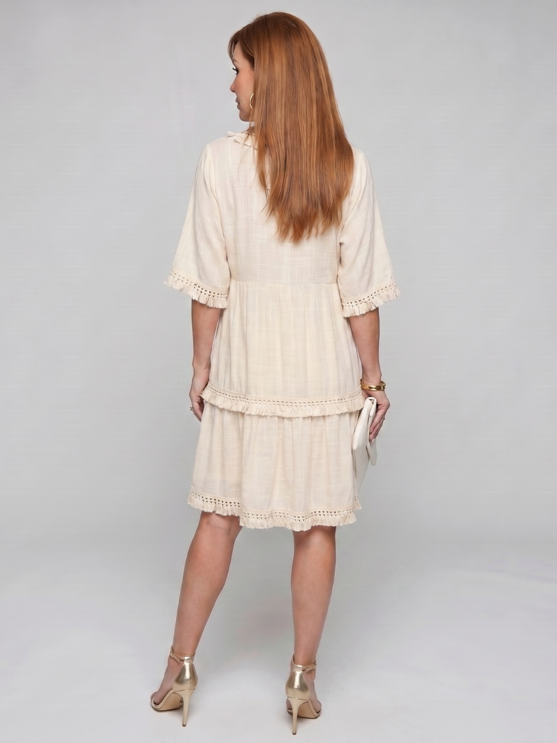 V Neck Mini Dress with Embroidered Trim and Tiered Hem