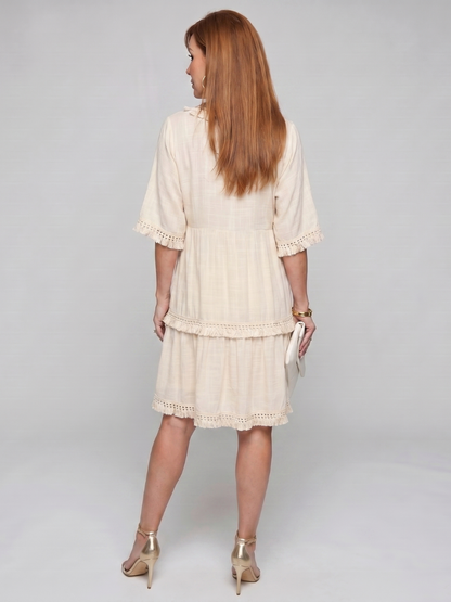 V Neck Mini Dress with Embroidered Trim and Tiered Hem