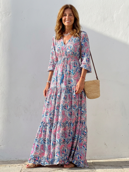 V Neck Printed Maxi Dress with Tiered Skirt