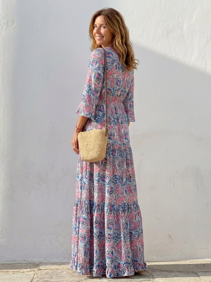 V Neck Printed Maxi Dress with Tiered Skirt