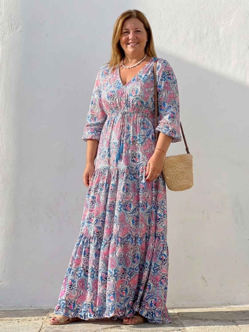 V Neck Printed Maxi Dress with Tiered Skirt