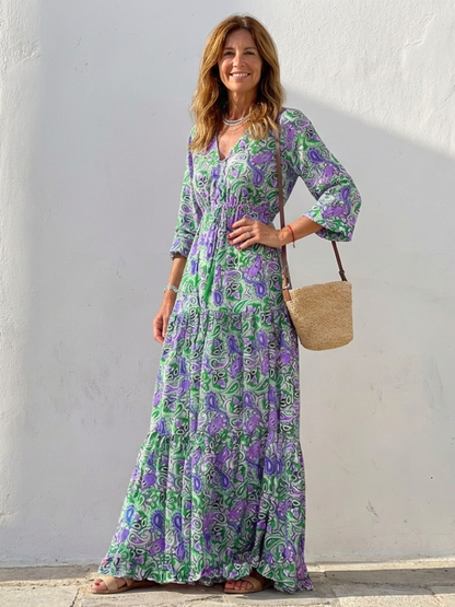 V Neck Printed Maxi Dress with Tiered Skirt