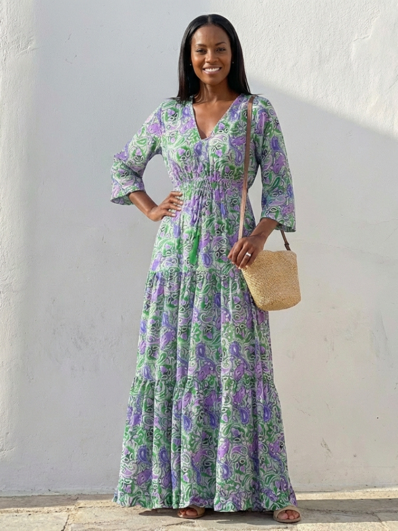 V Neck Printed Maxi Dress with Tiered Skirt
