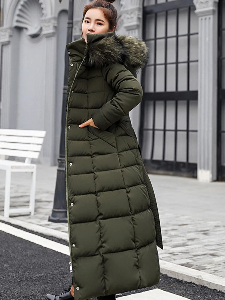 Grace | Abrigo acolchado largo de invierno con cinturón para mujer