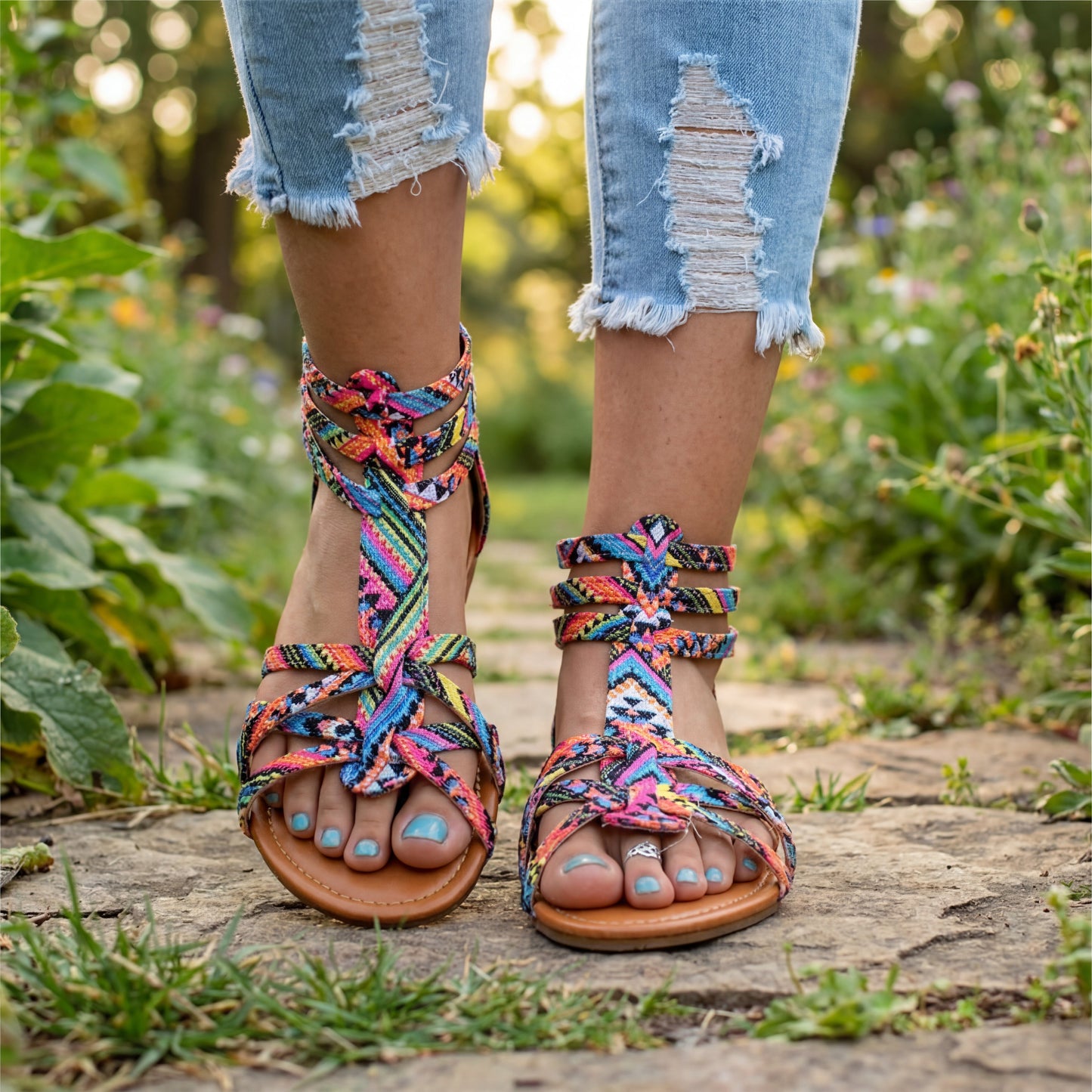 Sandalias gladiadoras bohemias con cremallera trasera